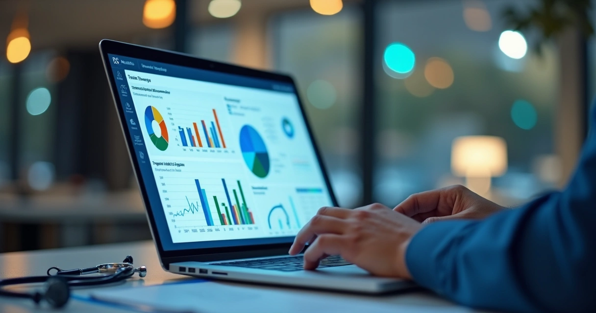 Painel de gestão digital com gráficos em tela de notebook 