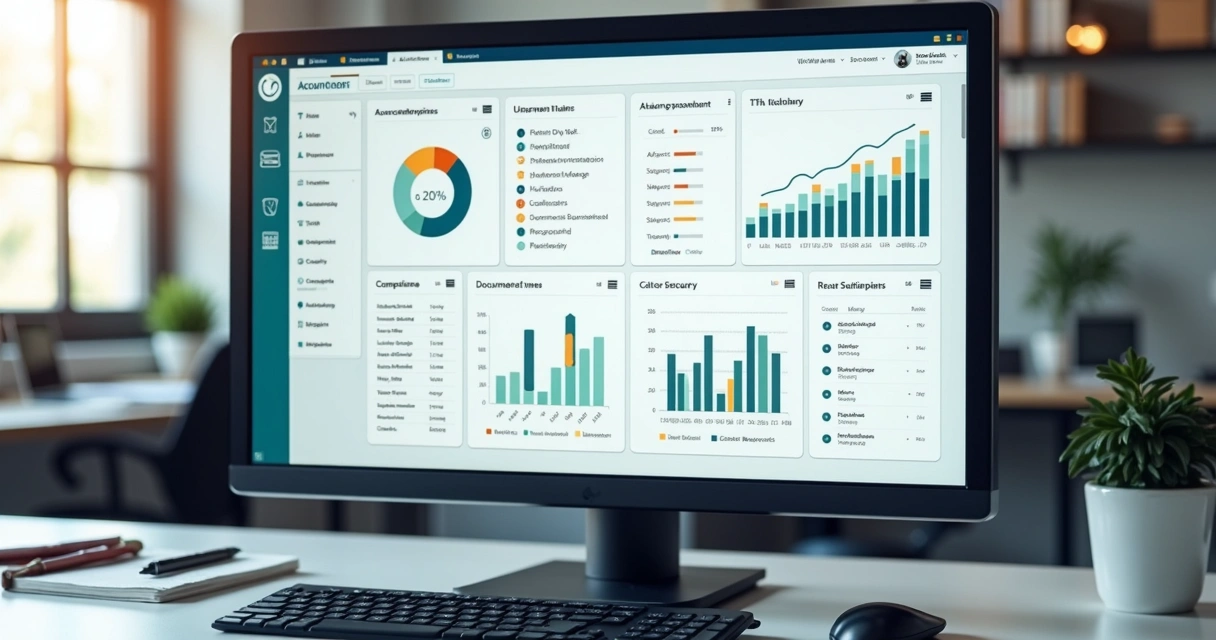 Dashboard de painel de tarefas contábeis e indicadores de compliance em tela digital 
