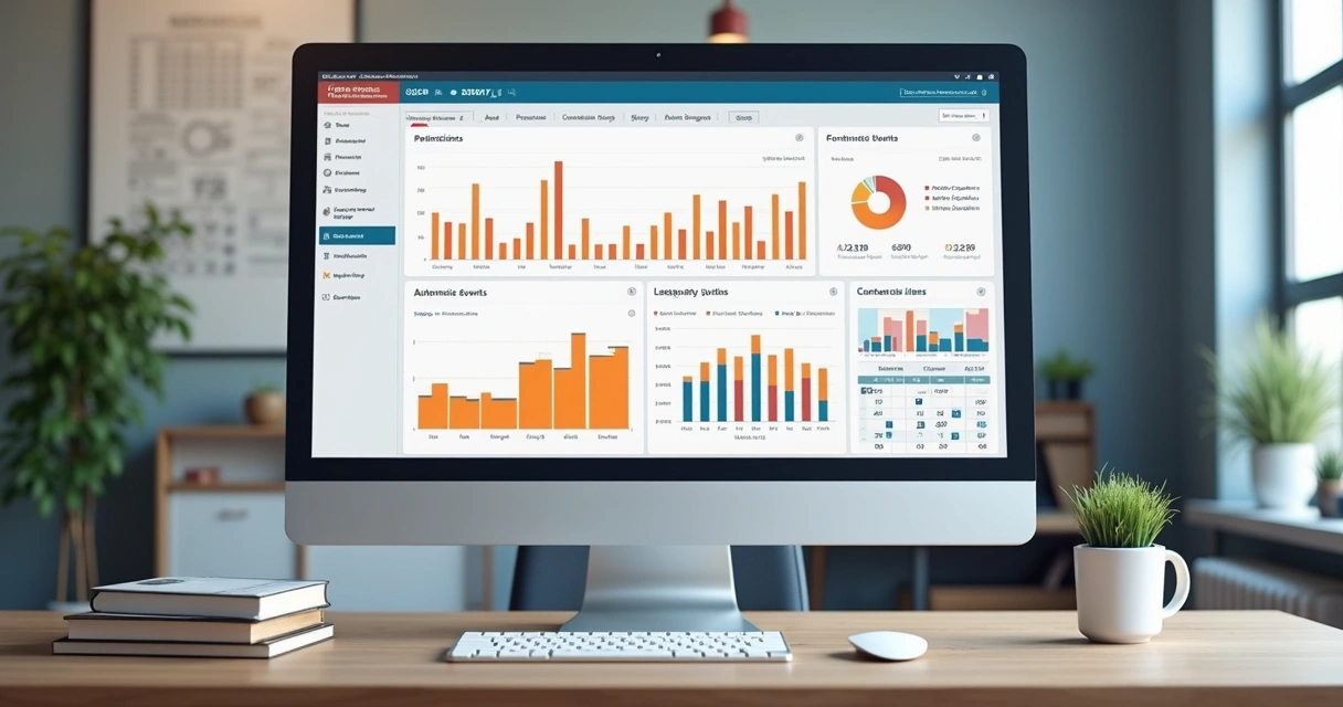 Painel digital de sistema de gestão de contratos com gráficos coloridos e alerta de vencimentos 