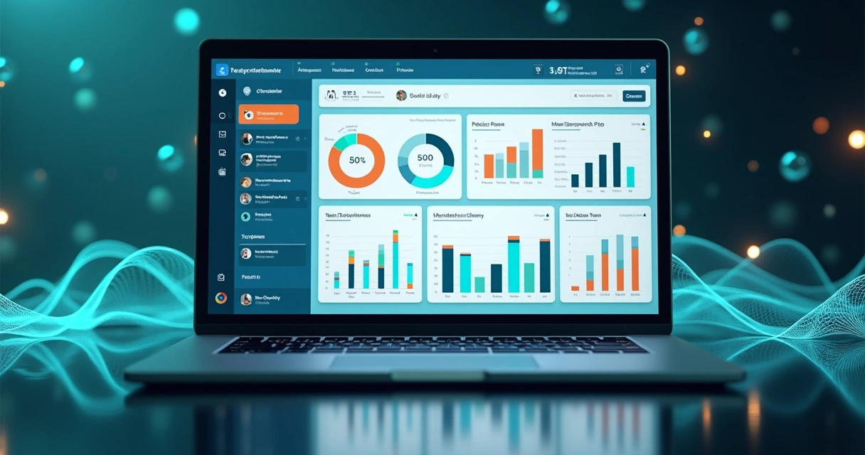 Dashboard 3D centralizado exibindo gráficos coloridos, métricas e indicadores de desempenho integrados 