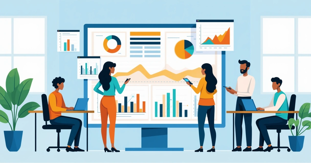 Dashboard digital centralizado mostrando gráficos e métricas de desempenho com equipe trabalhando em segundo plano