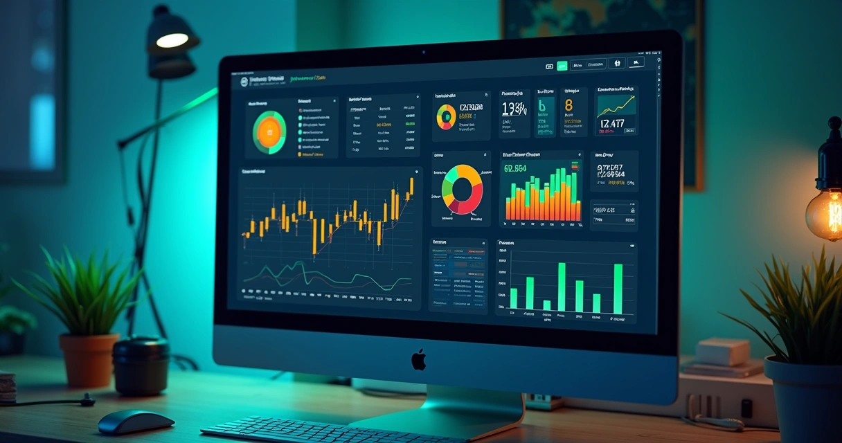Painel digital com gráficos coloridos, áreas de vendas, estoque e finanças unidas 
