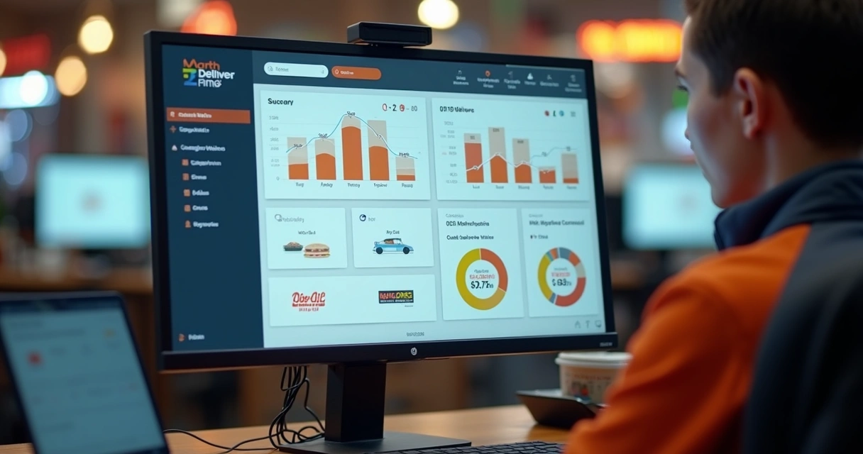 Tela de computador mostrando dashboard de gestão de delivery centralizado com múltiplas marcas 