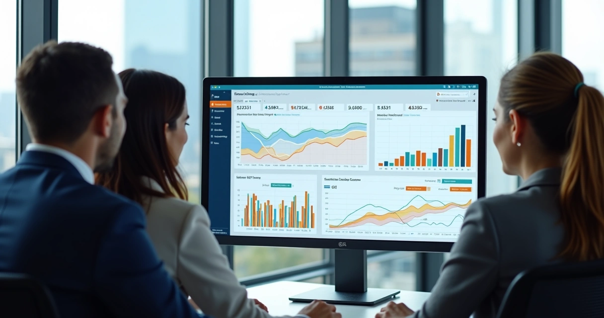 Dashboard macro empresarial com vários gráficos coloridos 
