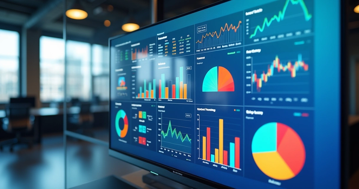 Dashboard digital com gráficos coloridos sobre gestão empresarial 