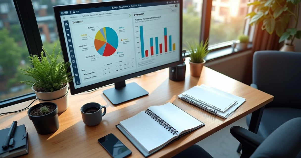 Dashboard com gráficos de gestão empresarial em tela de computador 