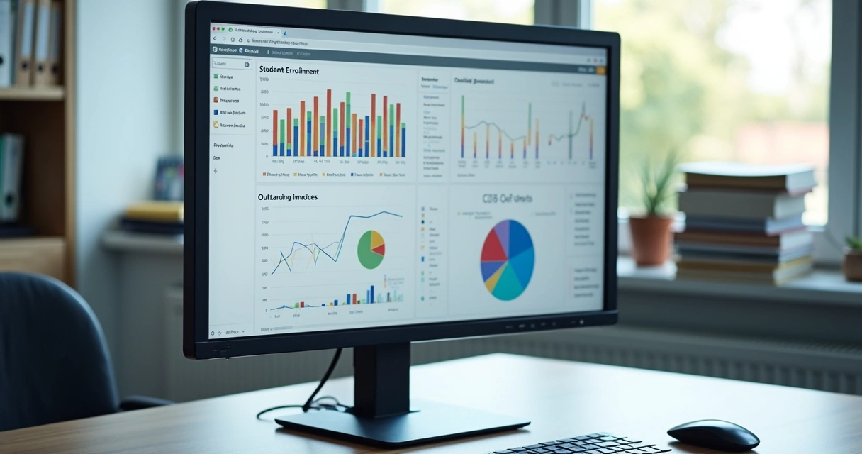 Dashboard de gestão escolar com gráficos de matrículas e finanças
