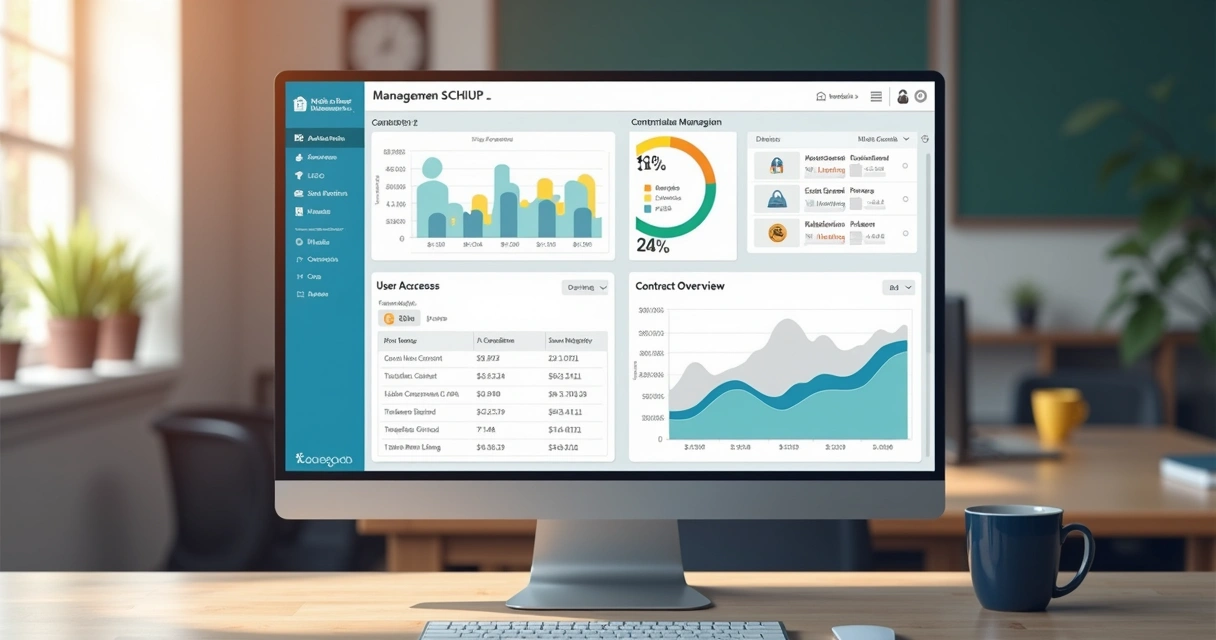 Dashboard digital de sistema escolar exibindo gráficos de acesso, contratos e notificações 