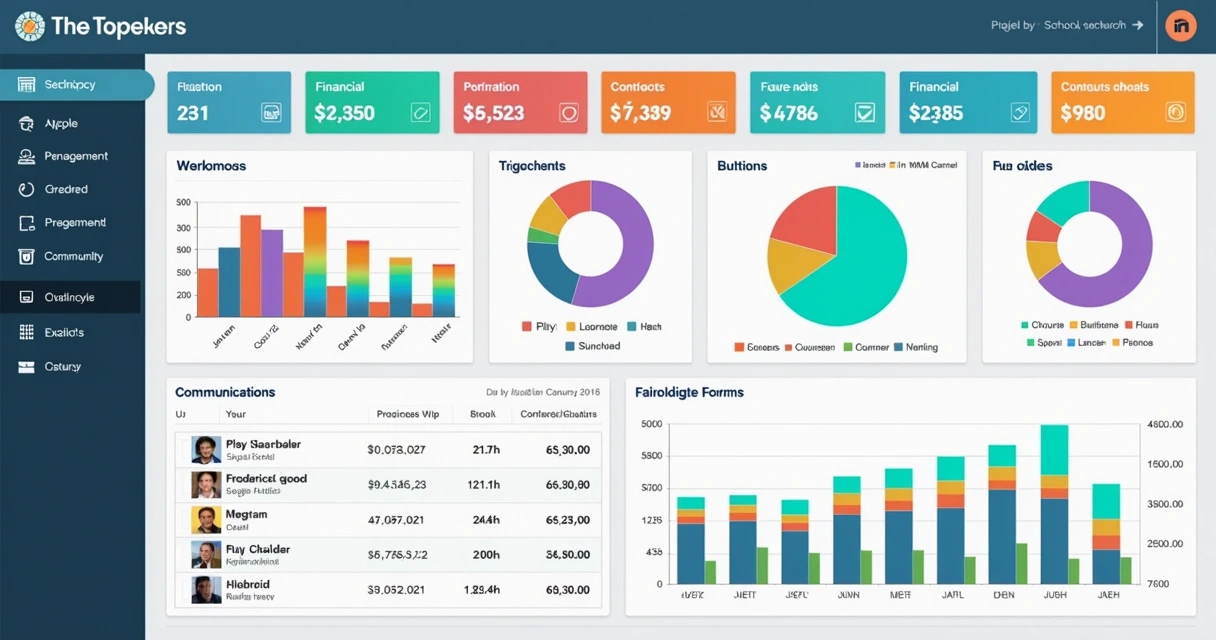 Dashboard colorido mostrando gestão escolar centralizada, com gráficos e listas de alunos 