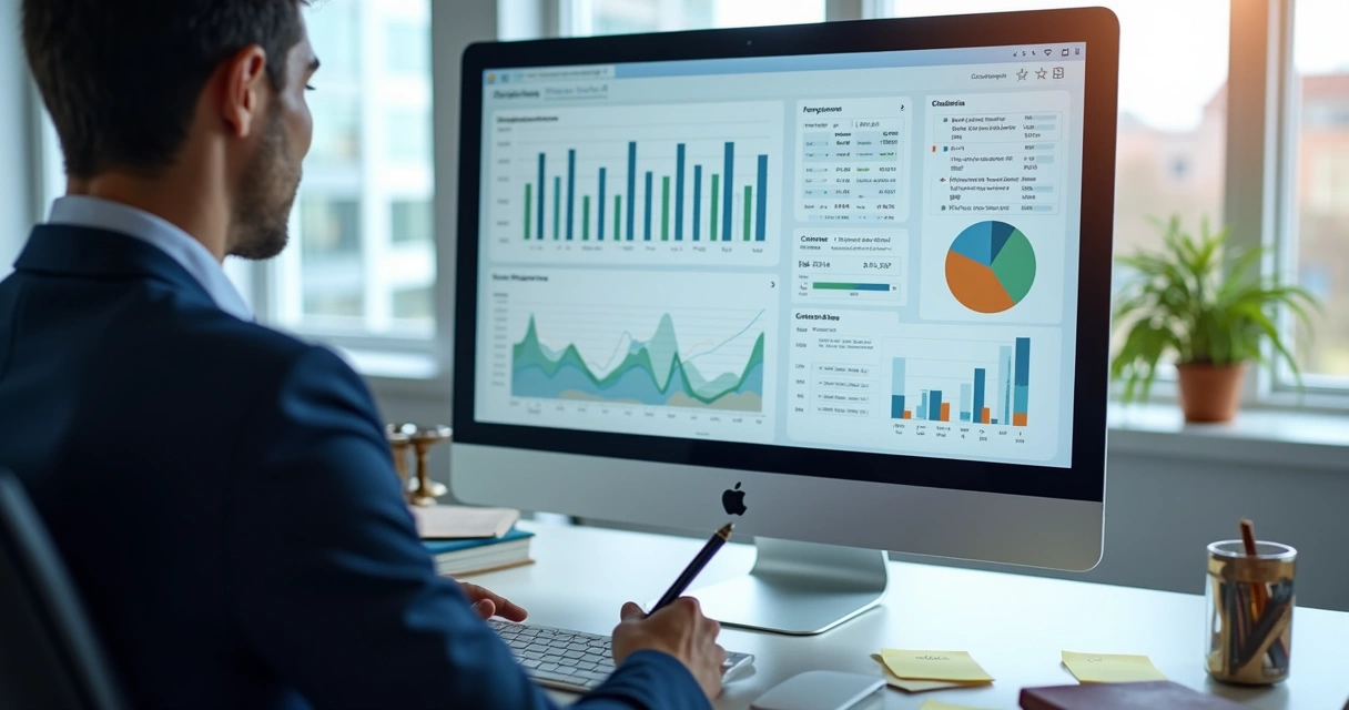 Dashboard de gestão jurídica em tela e advogado analisando gráficos