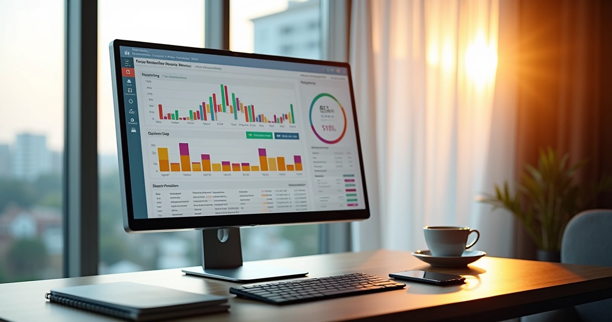 Dashboard digital com gráficos de reservas e ocupação de hotel. 