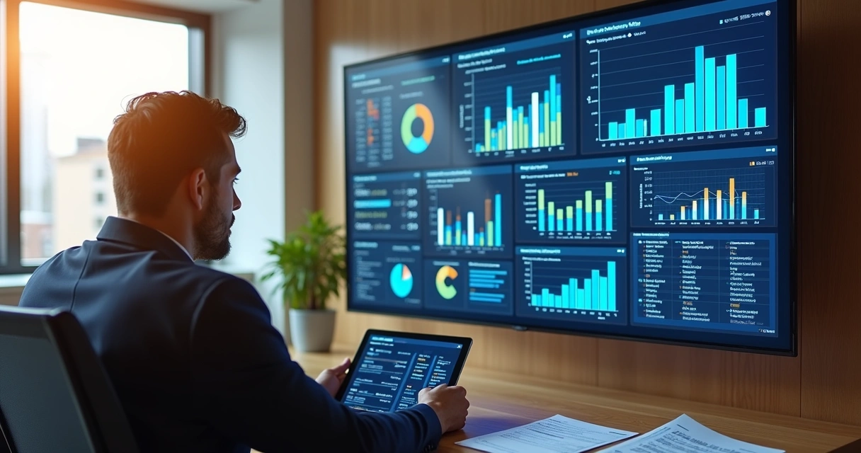 Gestor de hotel analisando dashboard com gráficos em tela grande 