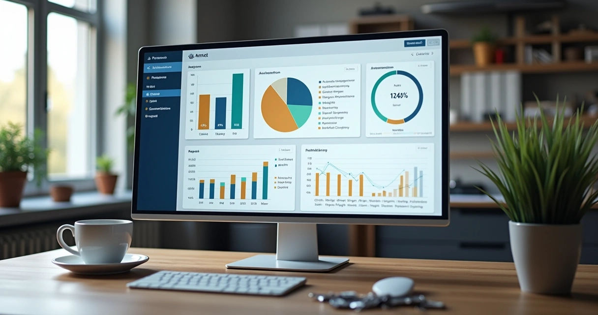 Dashboard digital de gestão imobiliária com relatórios e gráficos 