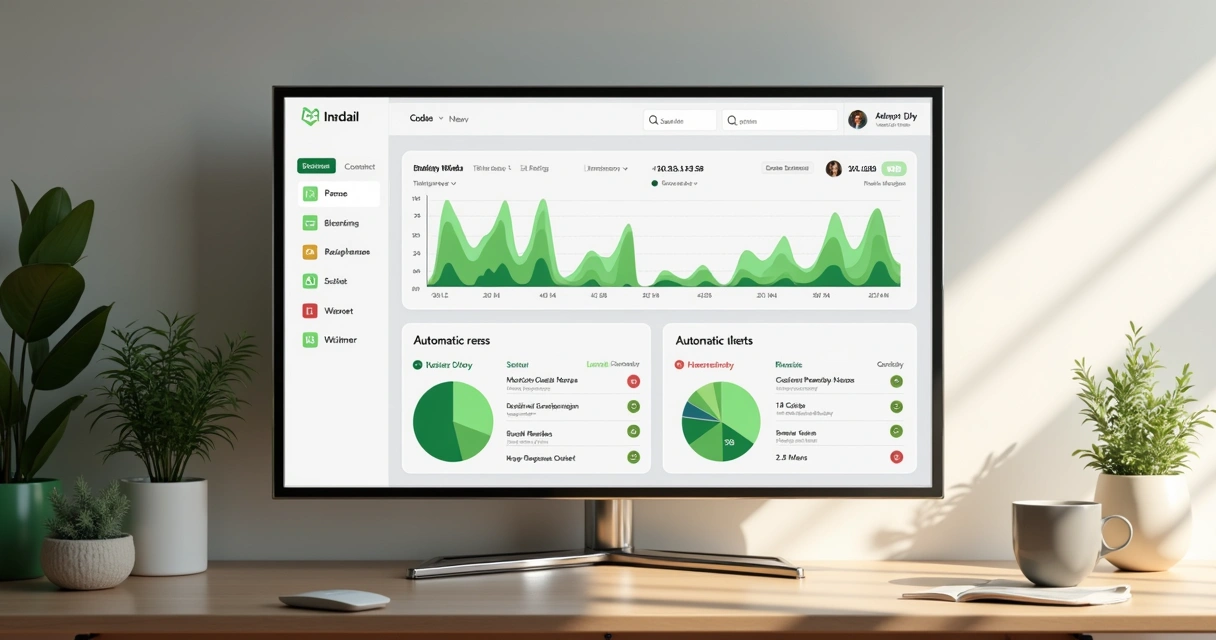 Dashboard mostrando gráficos financeiros e imóveis administrados 