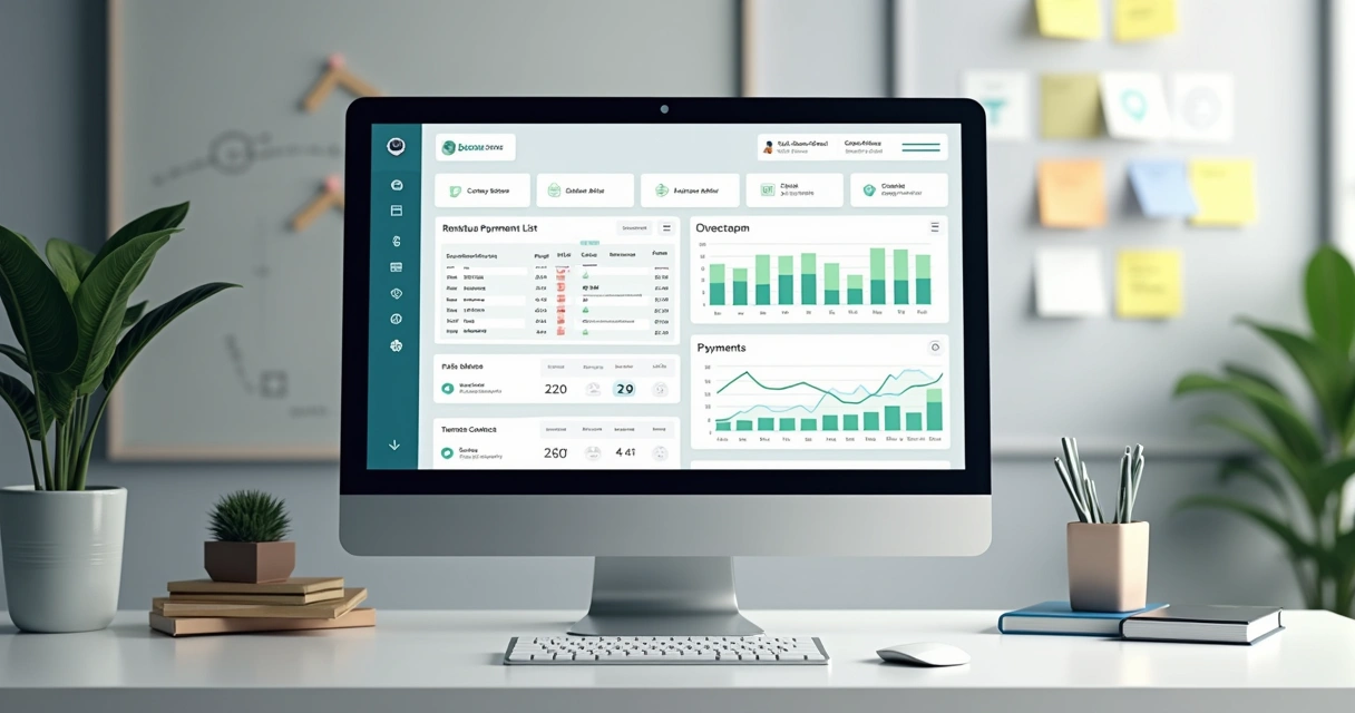 Dashboard de gestão imobiliária digital em tela de computador