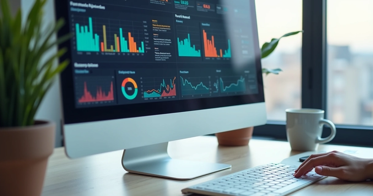 Dashboard de indicadores de desempenho em tela de computador moderno, gráficos coloridos em destaque