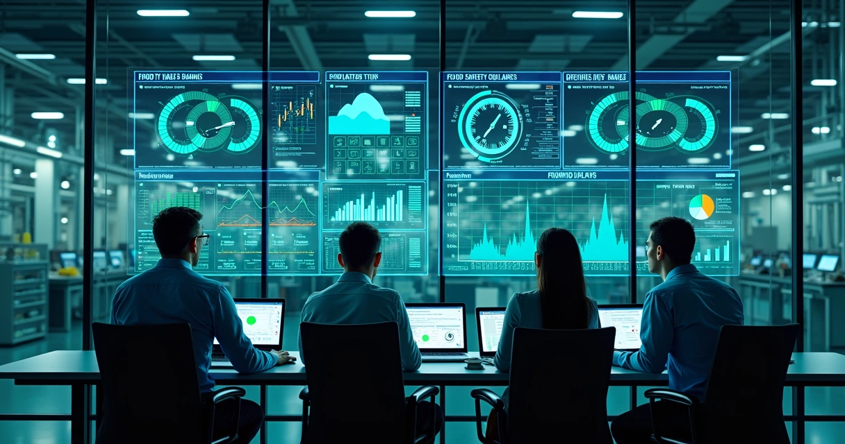 Painel de dashboard digital com KPIs de segurança alimentar em indústria