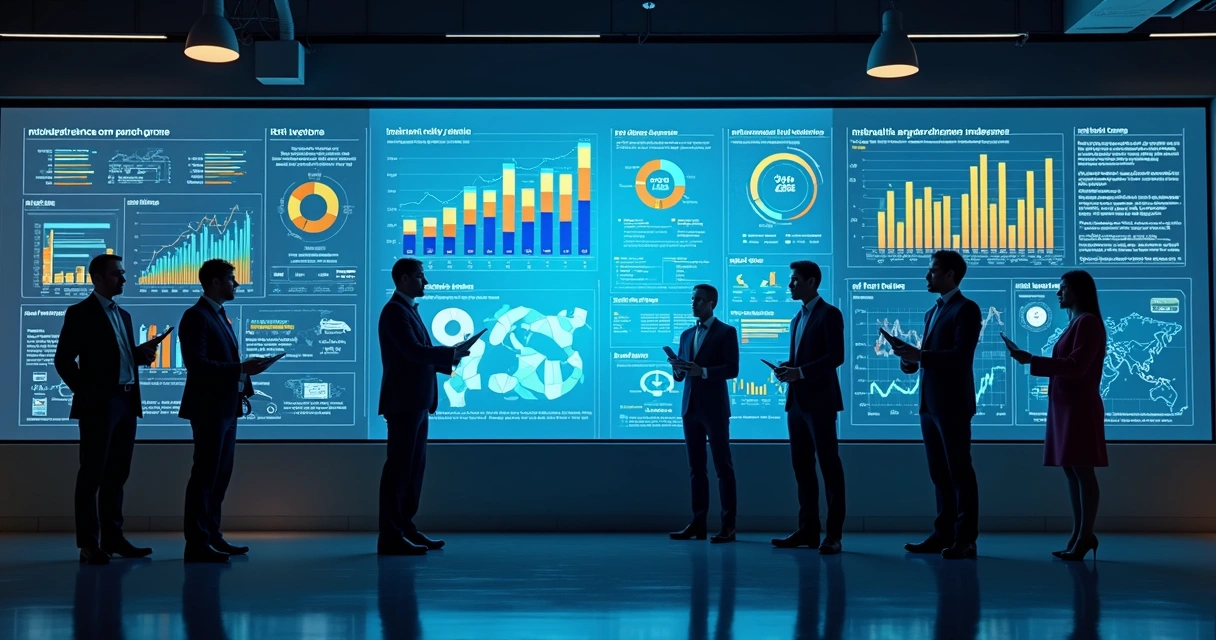 Dashboard digital exibindo indicadores de gestão industrial com gráficos e números em tela iluminada 