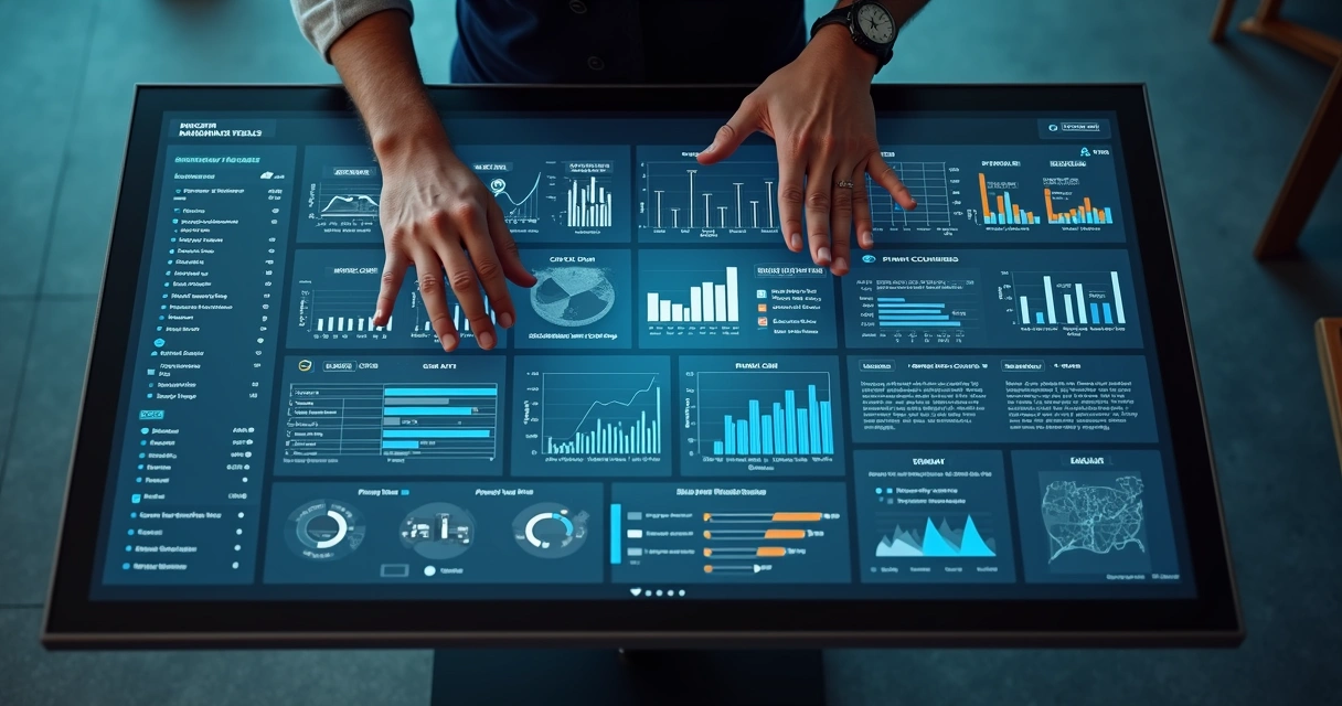 Dashboard de gestão industrial com gráficos e controles 
