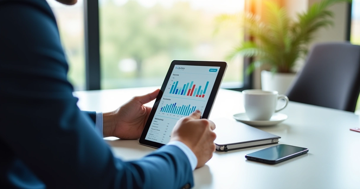 Gestor acessando dashboard de gestão em tablet 
