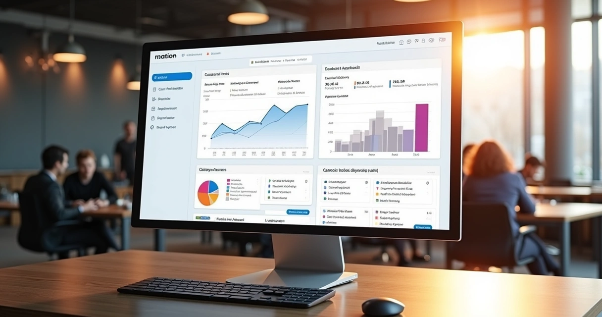 Dashboard corporativo do Notion exibindo gráficos dinâmicos, lista de tarefas e fluxo de aprovação em tela ampla com fundo empresarial sofisticado. 