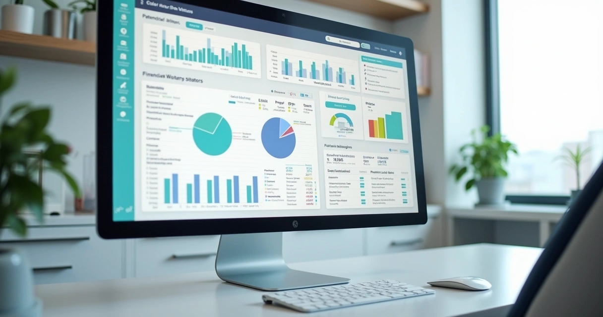 Dashboard moderno de sistema de gestão odontológica em tela de computador 