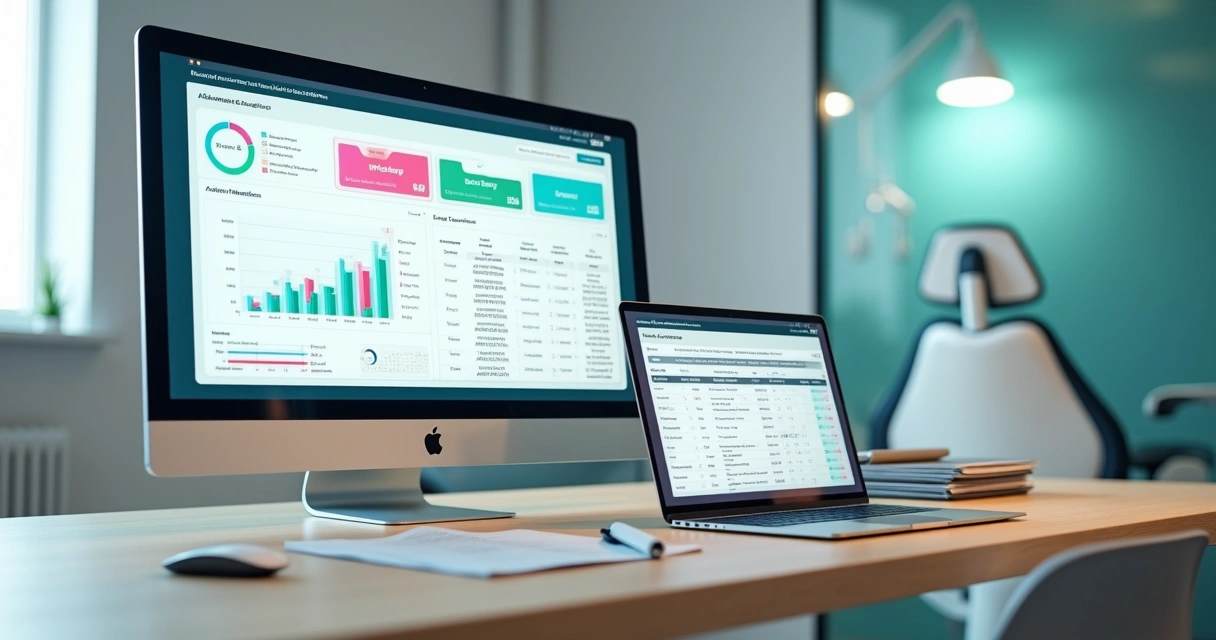 Painel de sistema de gestão odontológica em nuvem exibido em vários dispositivos na mesa da clínica 