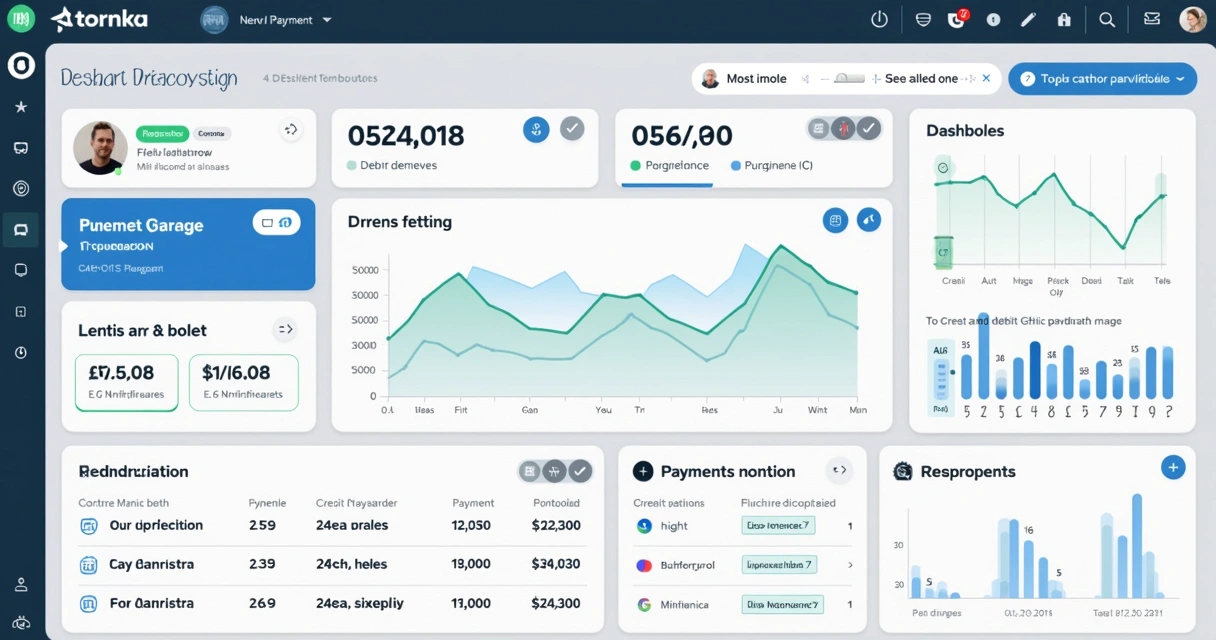 Dashboard de gestão de pagamentos com gráficos e transações numeradas 