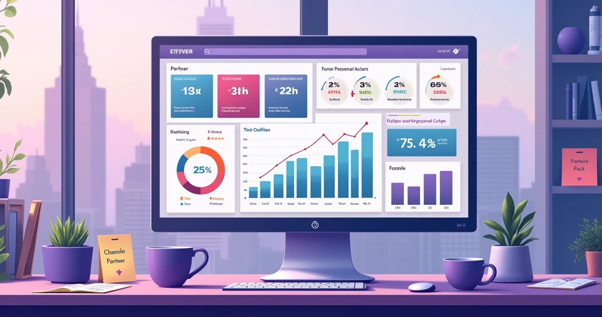 Tela de dashboard com gráficos de vendas, performance de parceiros e ranking de canais 