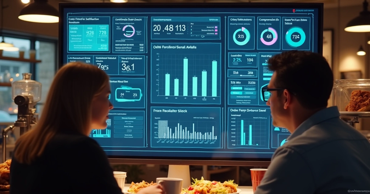 Dashboard digital mostrando métricas de pedidos e satisfação do cliente 