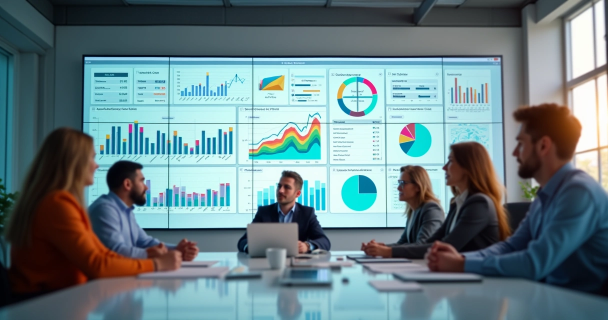 Painel de BI com gráficos de perdas em tela grande na sala de reunião 