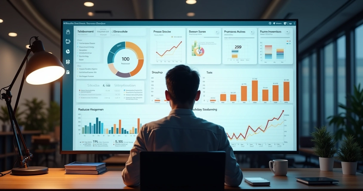 Dashboard de software de gestão de processos exibindo fluxogramas e gráficos 