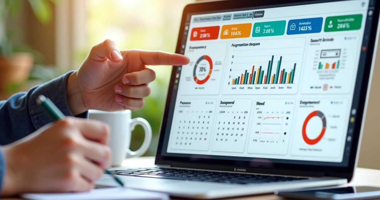 Dashboard colorido exibindo gráficos de desempenho de professores, agenda semanal e indicadores de engajamento 