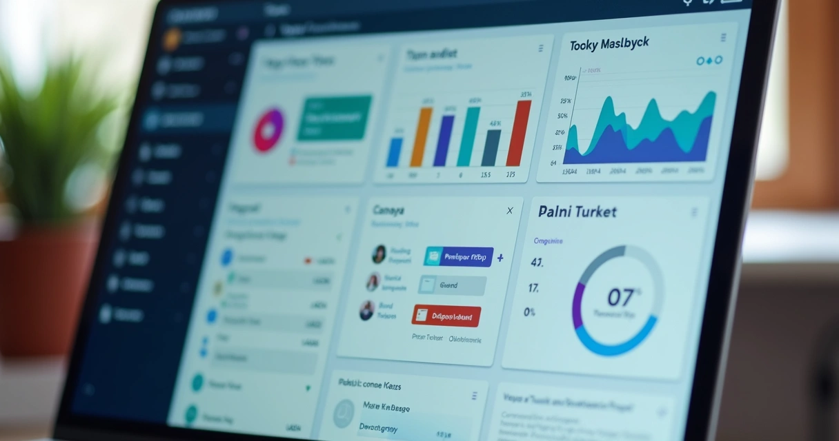 Dashboard colorido de gestão de projetos com gráficos e tarefas 