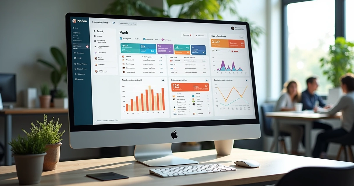 Dashboard intuitivo de gestão de projetos no Notion, dividido por status, com painéis de tarefas, equipes e gráficos personalizados 