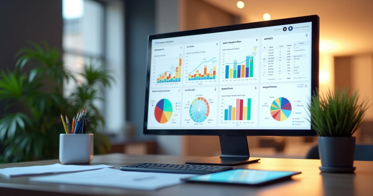 Dashboard com gráficos de RevPAR em tela de computador no escritório de hotel 