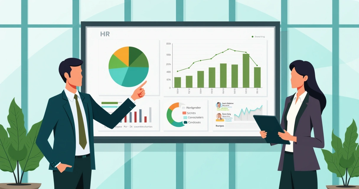 Painel digital com gráficos de recrutamento e indicadores de RH 