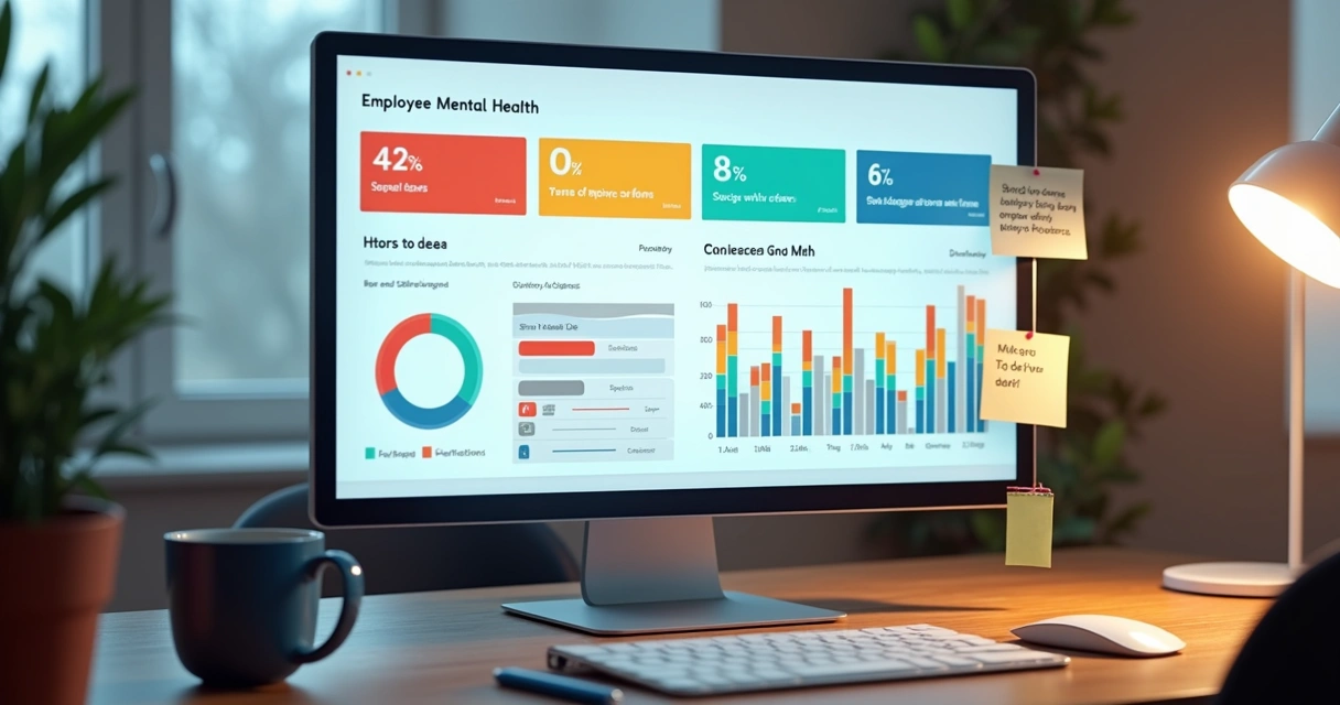 Dashboard colorido mostrando indicadores de saúde mental nas empresas