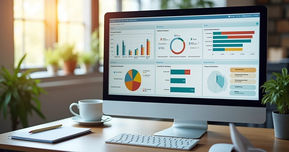 Dashboard com dados de saúde ocupacional em tela de computador de escritório. 