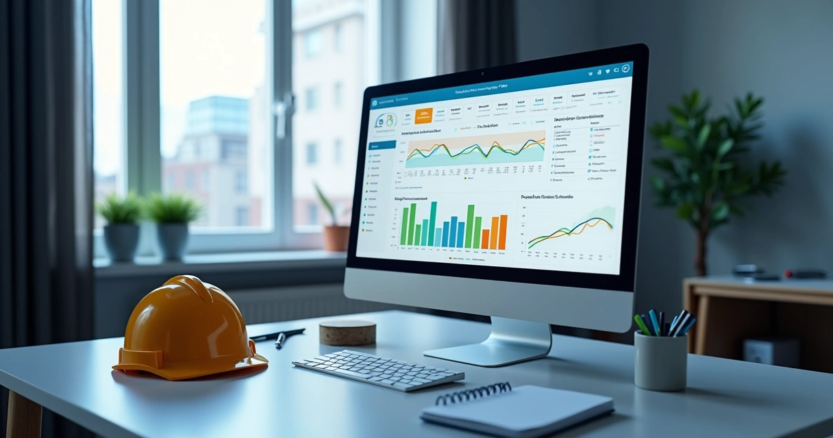 Dashboard digital com cronograma de suprimentos para obra em tela de computador