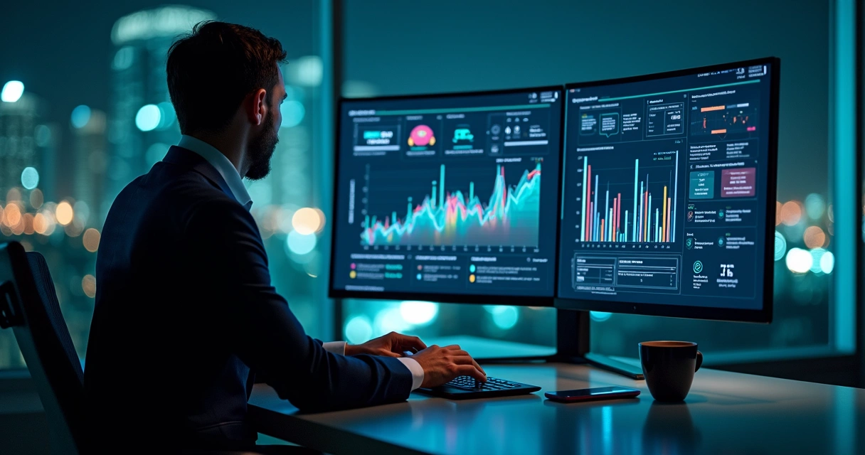 Gestor analisando dashboard de métricas em tempo real em tela ampla 
