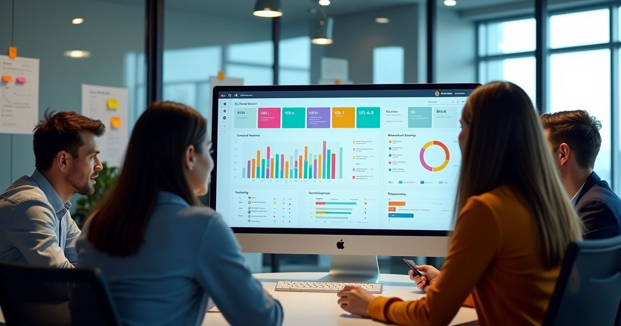 Dashboard colorido mostra painel de gestão de TI com gráficos e tarefas exibidas em tela grande
