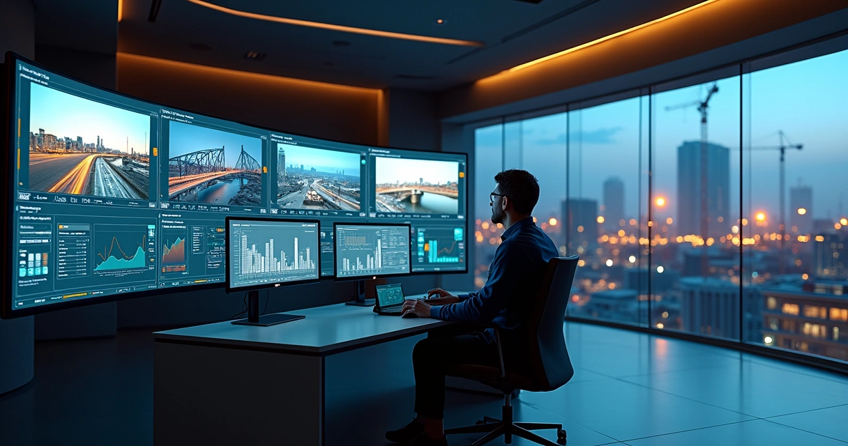 Gestor analisando painel digital de gestão visual de obras com time-lapse e dados em tela ampla 
