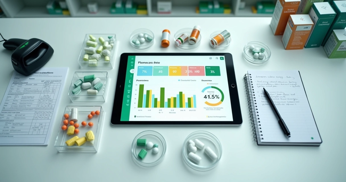 Vista superior de bancada com placas de remédios e tablet com gráficos de giro de estoque 