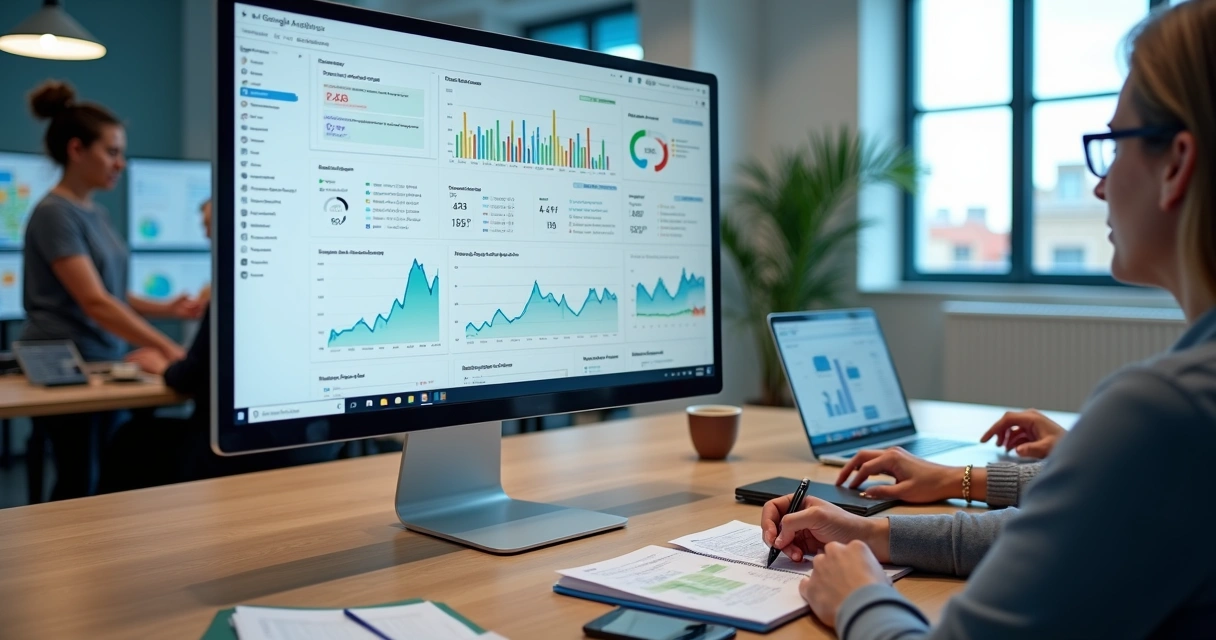 Painel do Google Analytics 4 em tela grande de agência de marketing digital 
