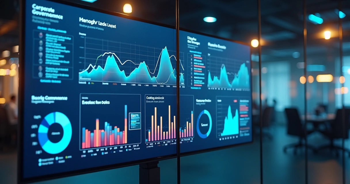 Dashboard digital apresentando indicadores de governança corporativa em tela grande 