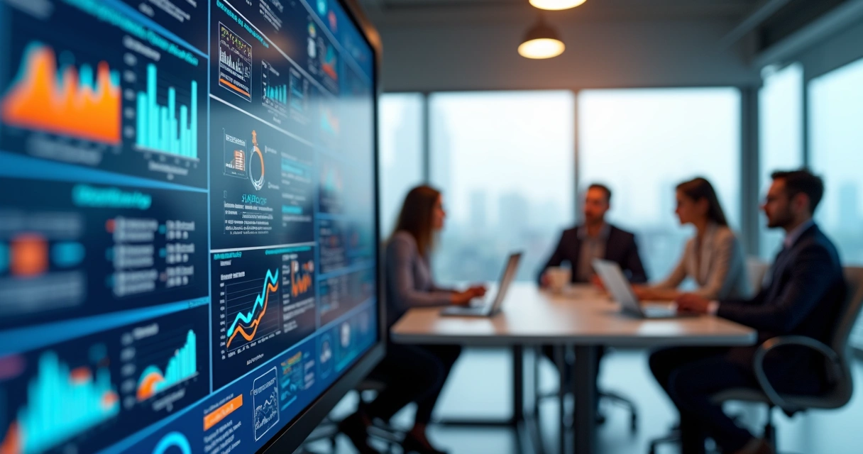 Painel digital exibindo gráficos e indicadores de governança de dados com equipe trabalhando ao fundo 
