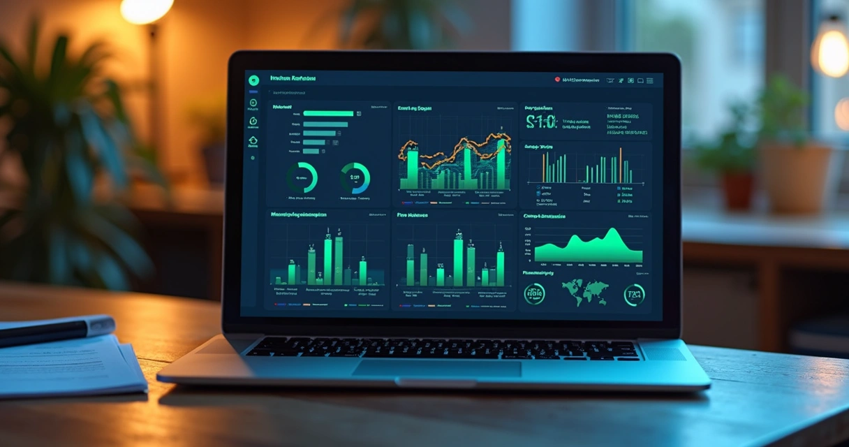 Dashboard colorido mostrando gráficos de governança e uso de dados 