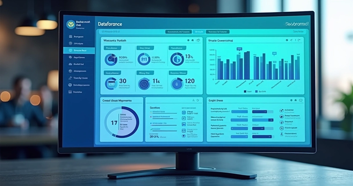 Painel digital de governança de dados e IA com gráficos e checklist 