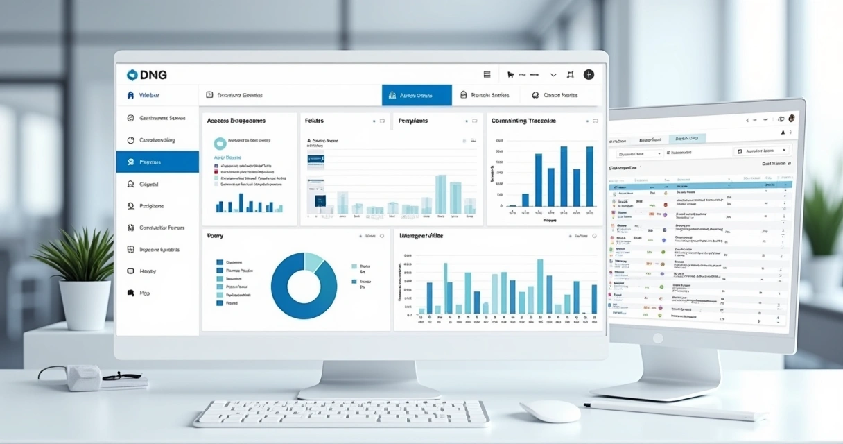 Painel de software com dashboard de governança documental, gráficos de auditoria e trilha de auditoria